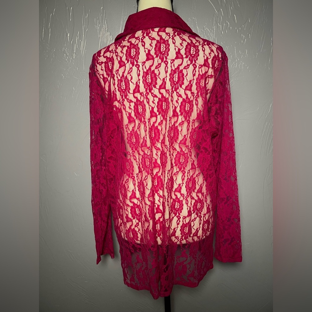 Vintage Z Studio Lace Button Up Long Blouse in A Gorgeous Cranberry Color - Picture 6 of 10